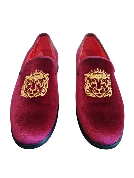 Elanroman Mens Size 10 Loafers Rich Red Velvet Embroidered Tiger Design main image 6
